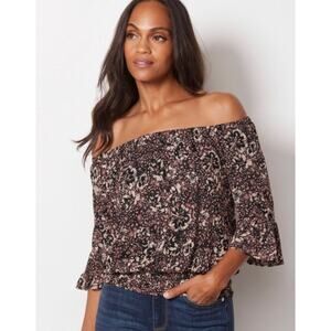 Evereve Arya Floral Mesh Shale Multicolor Off Shoulder Blouse Top Size Small